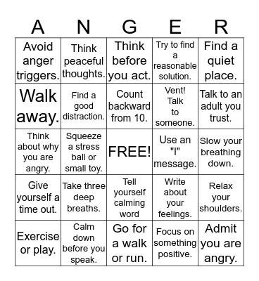 Anger Bingo Card