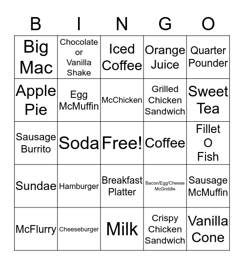 McDonald's Bingo Card