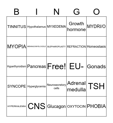 Endocrine System Bingo Card