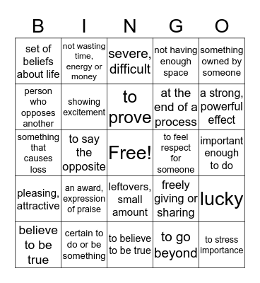 Vocabulary Bingo Card