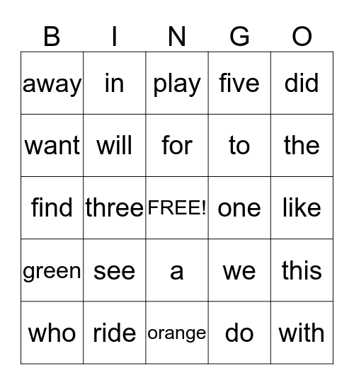 Orange Word List Bingo Card
