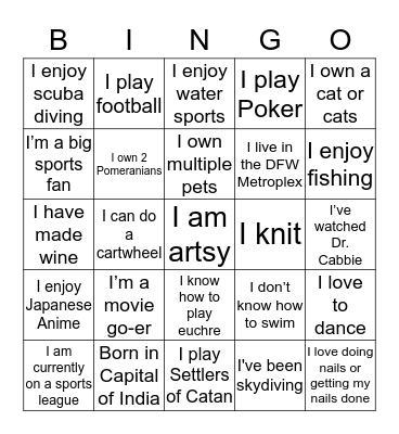 Hobbies & Interests Bingo Card