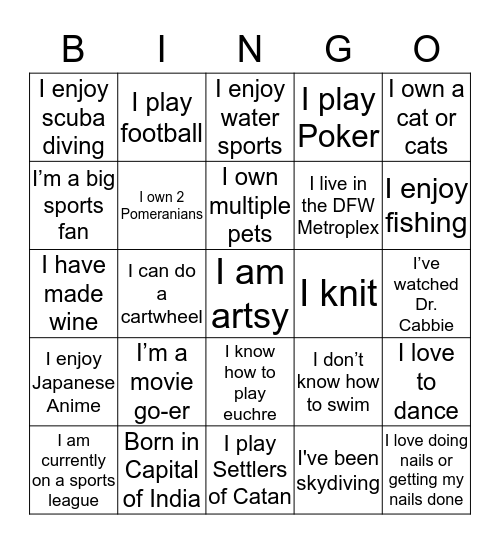 Hobbies & Interests Bingo Card