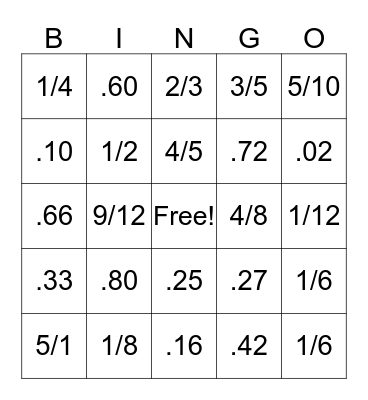 Fraction Bingo Card