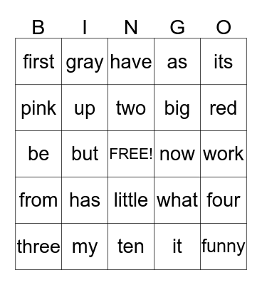 Yellow Word List Bingo Card