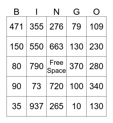 Place Value Bingo Card