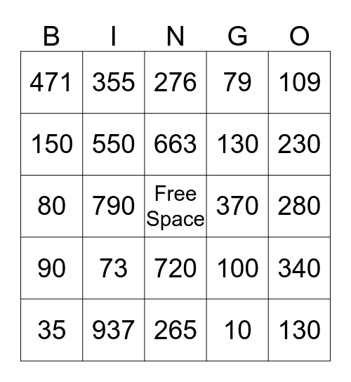 Place Value Bingo Card