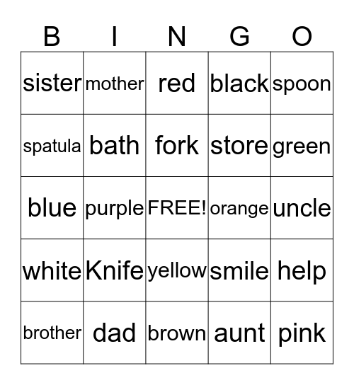 spelling Words Bingo Card