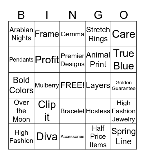Premier Designs Fashion BLINGO! Bingo Card