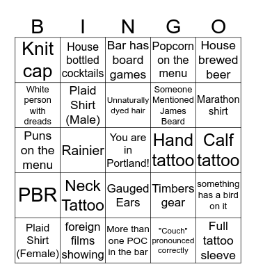 PDX Bar Bingo Card