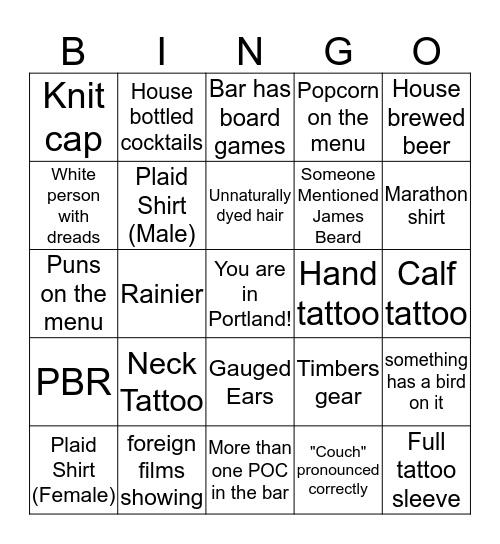 PDX Bar Bingo Card