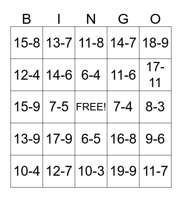 Subtraction Facts Bingo Card