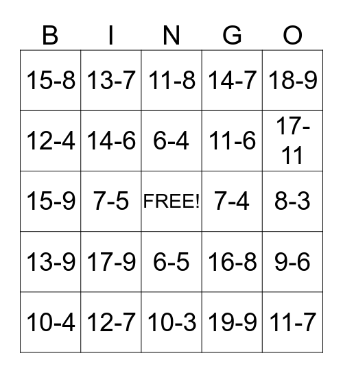 Subtraction Facts Bingo Card