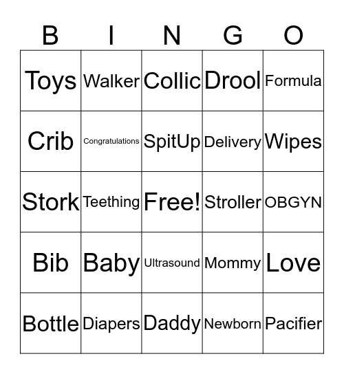 Oliver's Baby Bingo Card