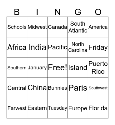 Regions Bingo Card