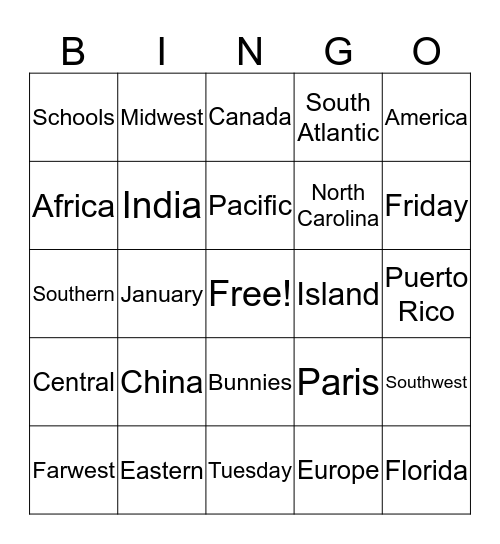 Regions Bingo Card