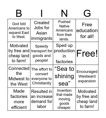 Quiz 3 Reteach: Westward Expansion Bingo Card