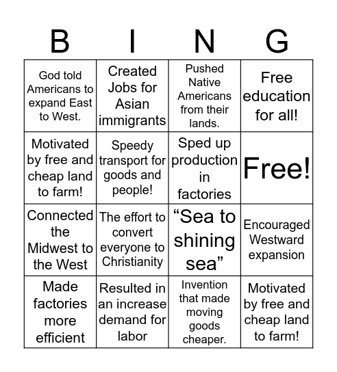 Quiz 3 Reteach: Westward Expansion Bingo Card