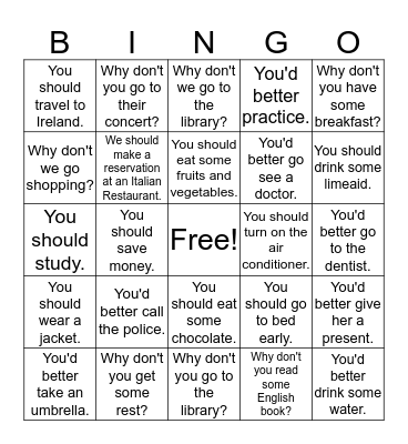 Giving Advice Bingo Card