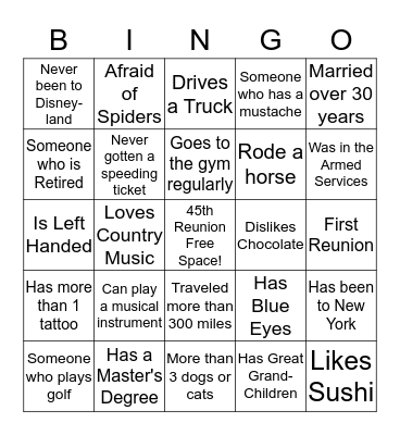 GRANGER HIGH 45th REUNION Bingo Card