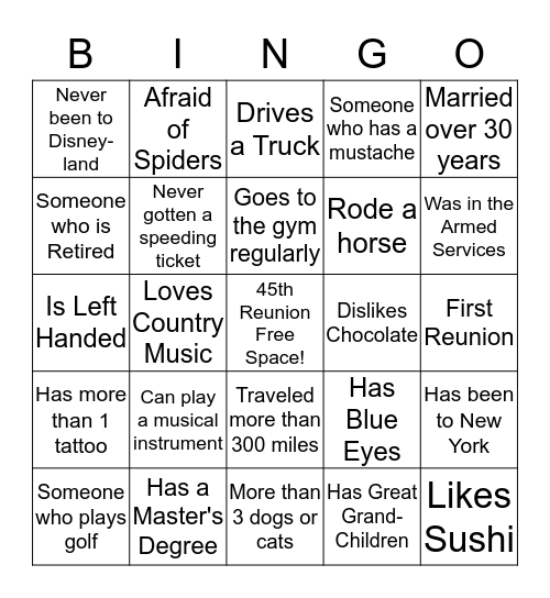 GRANGER HIGH 45th REUNION Bingo Card