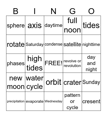 Earth, Sun, and Moon  Bingo Card
