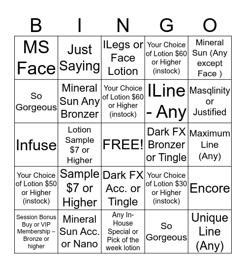 Lotion and Packages Bingo  Bingo Card