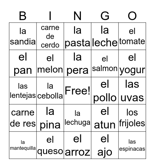 LA COMIDA ESPANOL 2 Bingo Card