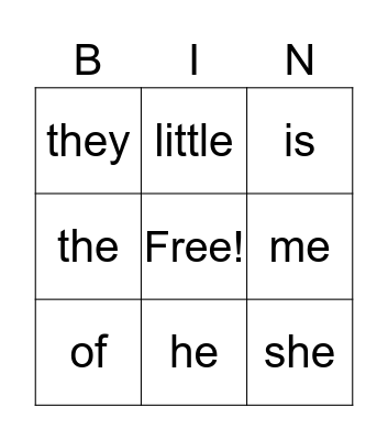 Sight Word Bingo Card