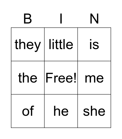 Sight Word Bingo Card