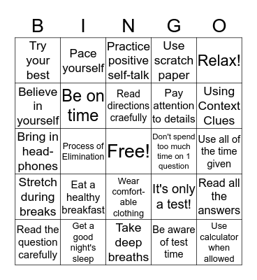 Test Taking Tips Bingo Card