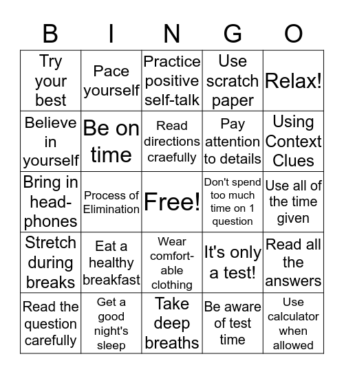Test Taking Tips Bingo Card