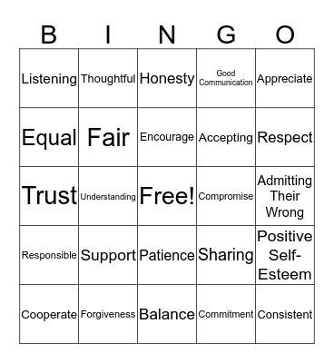 Relationship Bingo Card