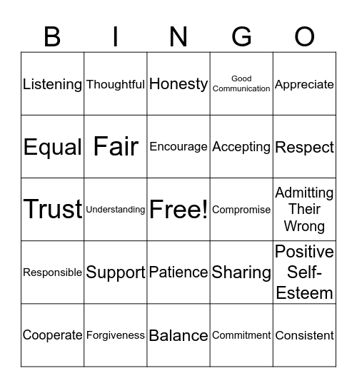 Relationship Bingo Card
