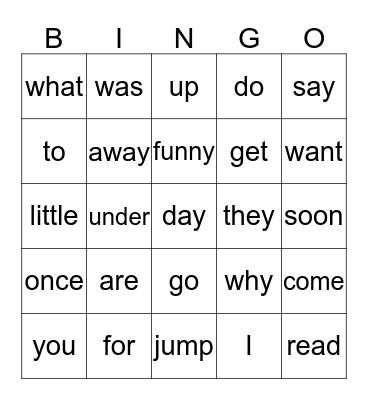 Sight Word Bingo Card