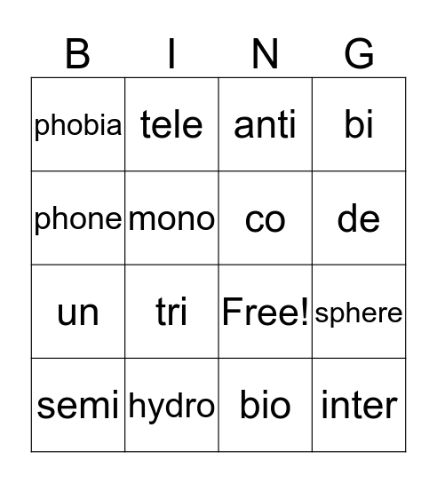 Root Words Bingo Card