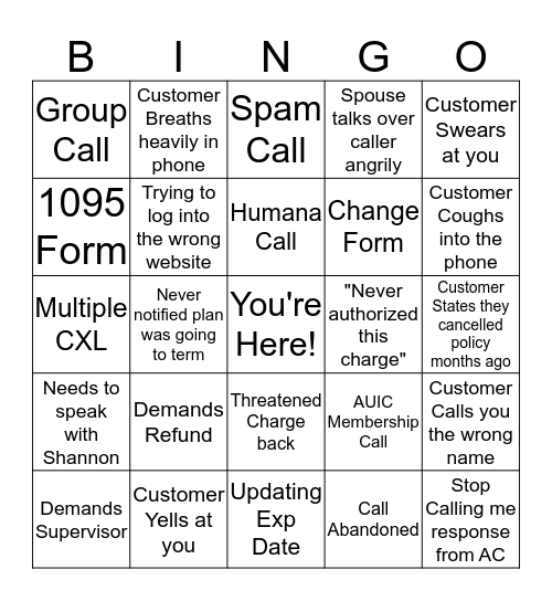 Bad Customer Bingo Card