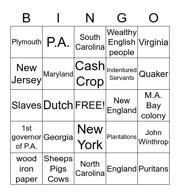 Omar 13 Colonies Bingo Card