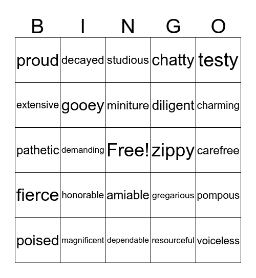 ADJECTIVE BINGO Card