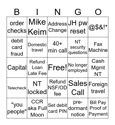 Service Center Bingo Card