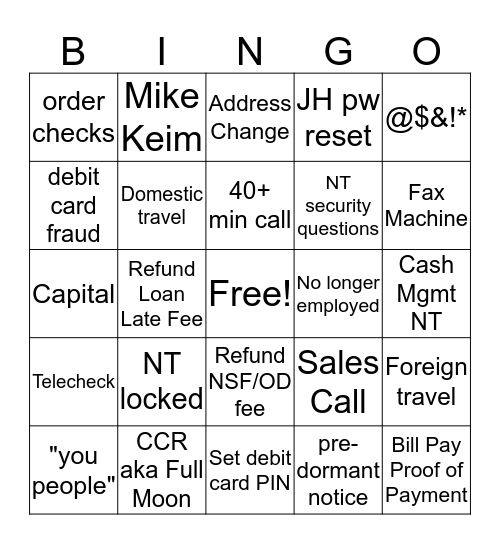 Service Center Bingo Card