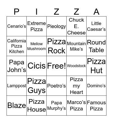 Pizza Places Bingo Card