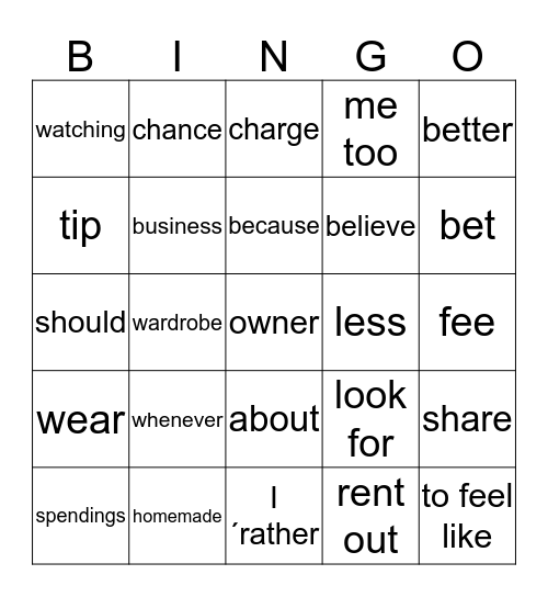 Money Matters Bingo Card