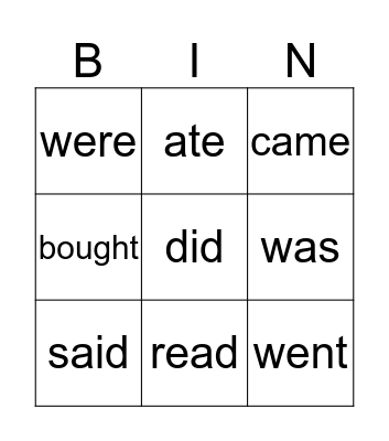 Irregular past verbs Bingo Card