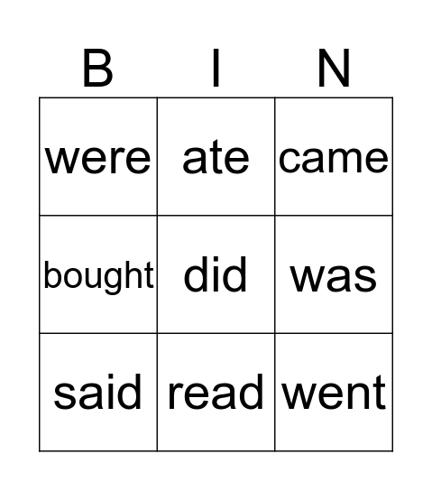 Irregular past verbs Bingo Card