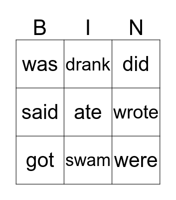 Irregular past verbs Bingo Card