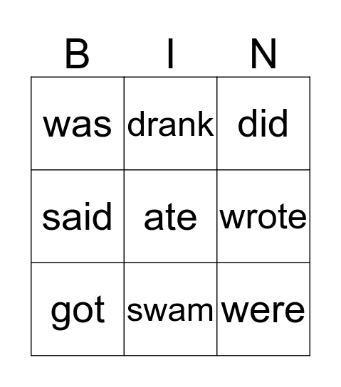 Irregular past verbs Bingo Card