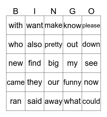 Sight Word Bingo Card