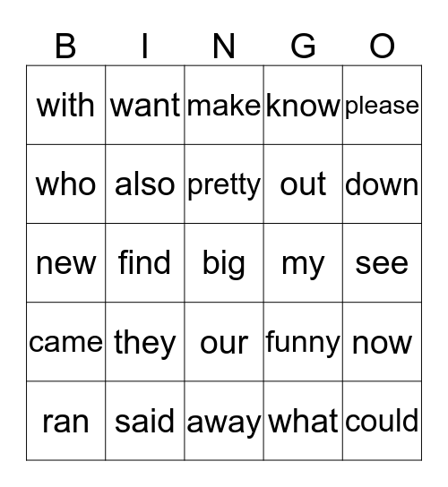 Sight Word Bingo Card
