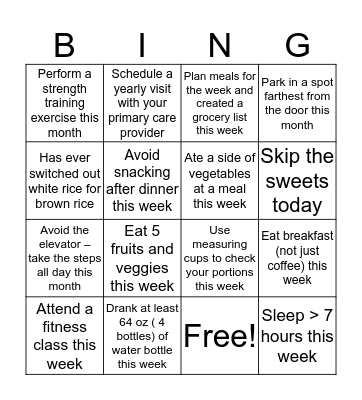 Healthy Living Bingo Card